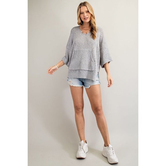 Easel Heather Grey Ultra Soft Slouchy Pullover Deep V-Neck Side Slit Sweater - Picture 3 of 5